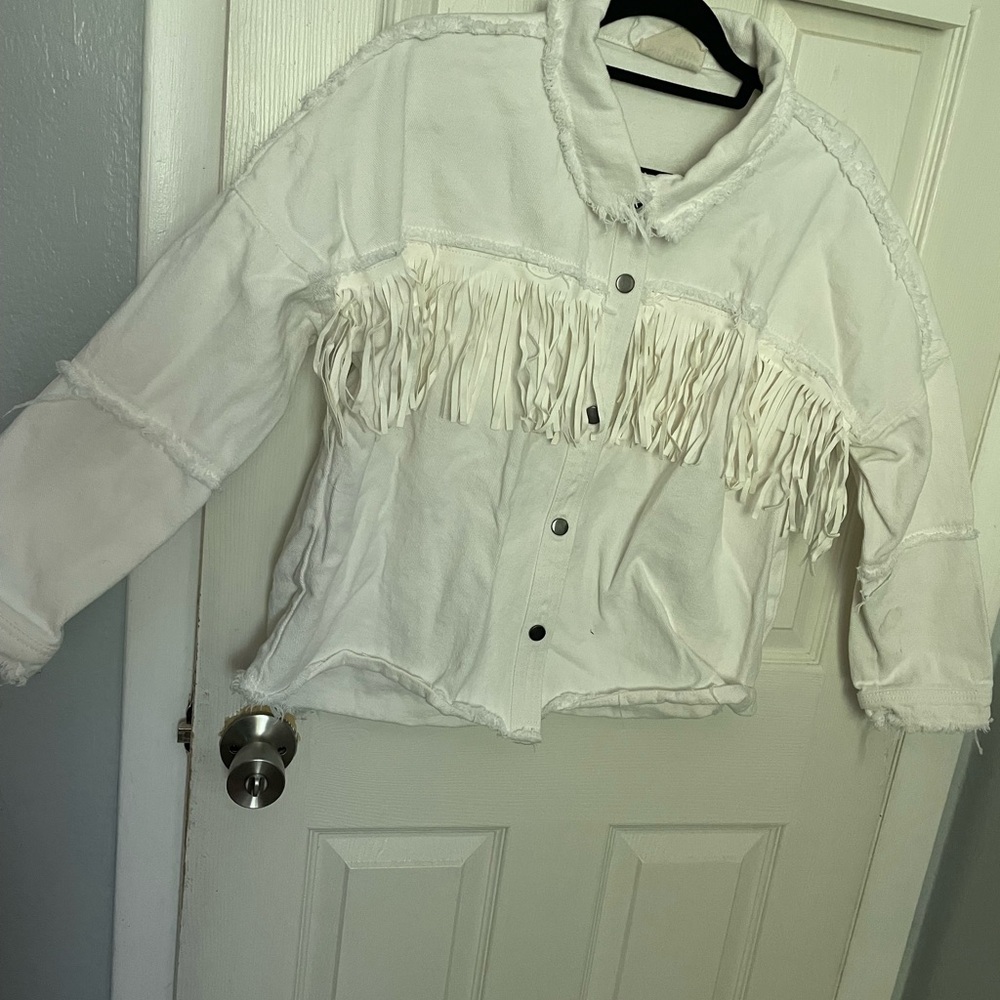 Savanna Jane White Fringe Jean Jacket